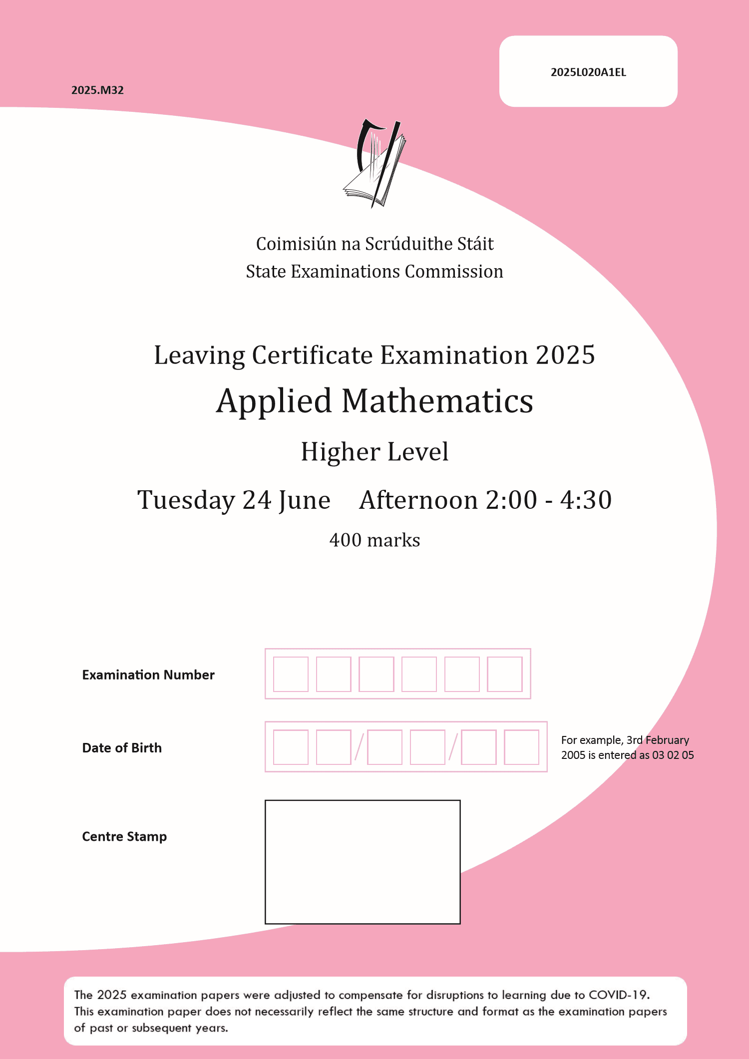 2025 Leaving Certificate Applied Mathematics Higher Level paper first page