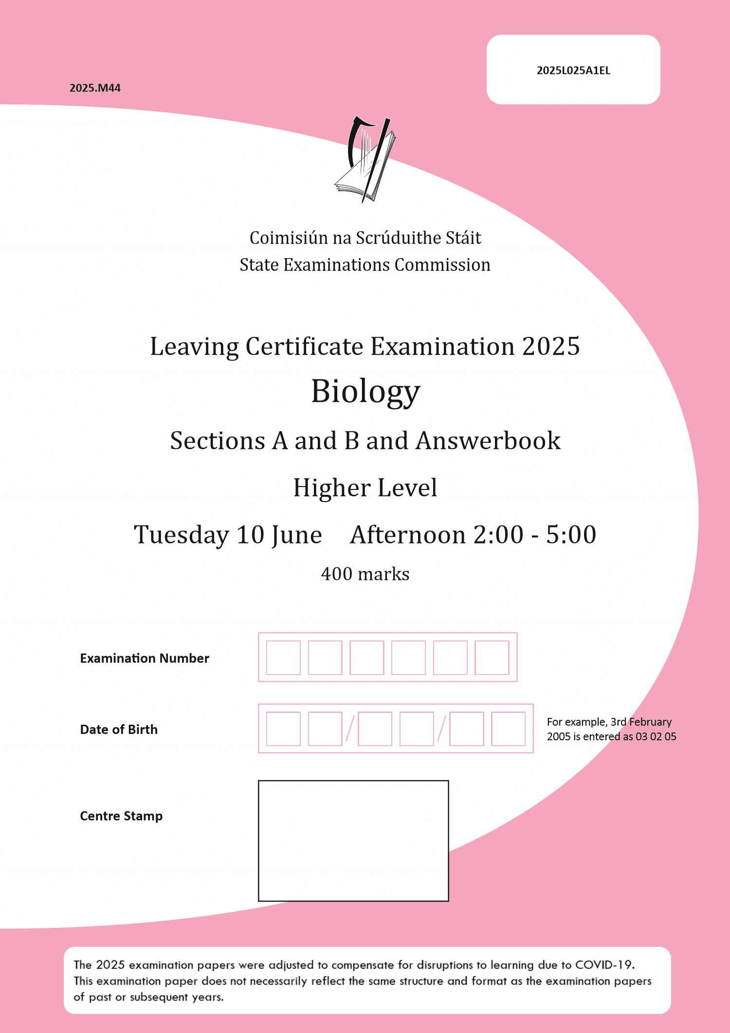 2025 Leaving Certificate Biology Higher Level paper first page