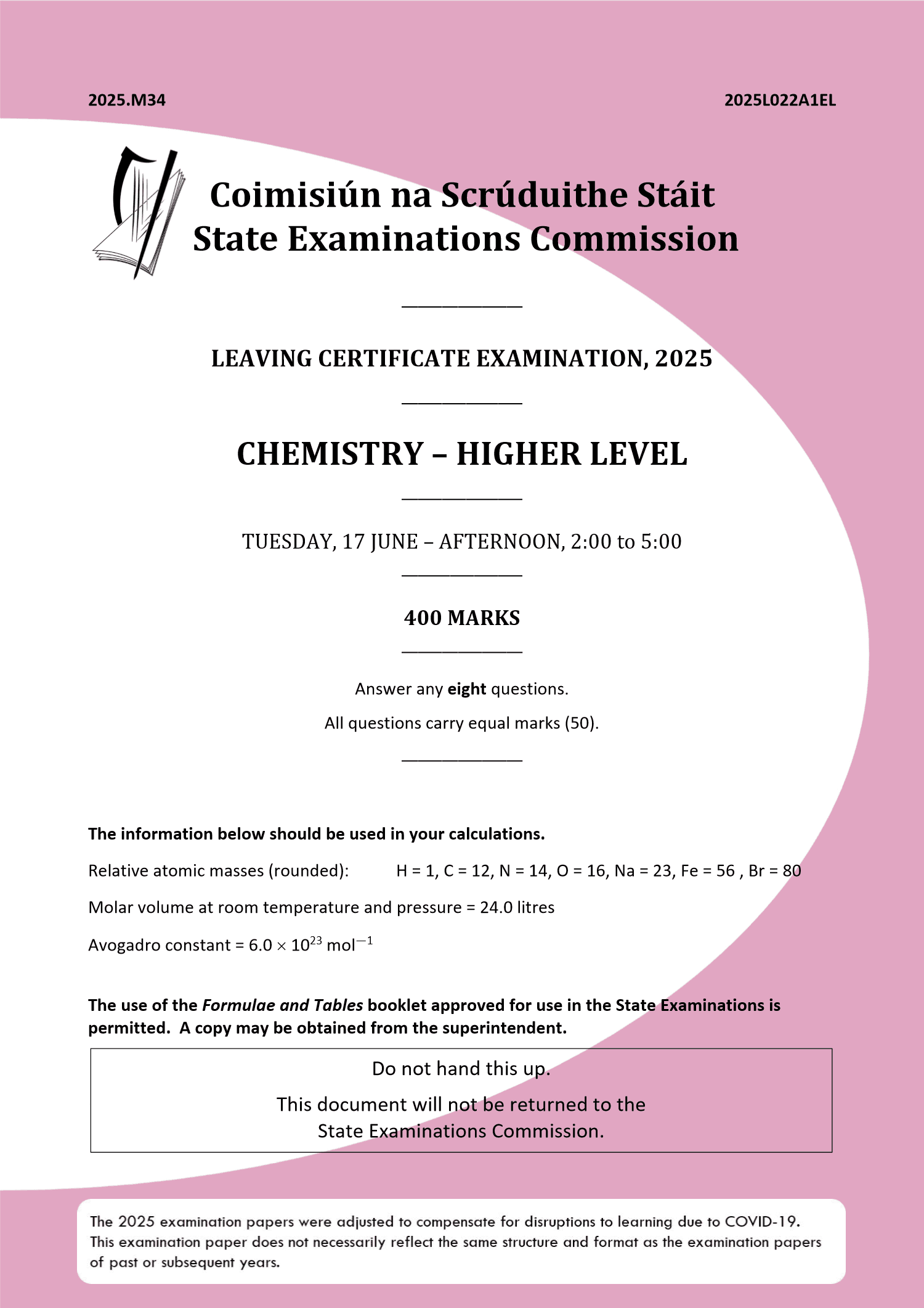 2025 Leaving Certificate Chemistry Higher Level paper first page