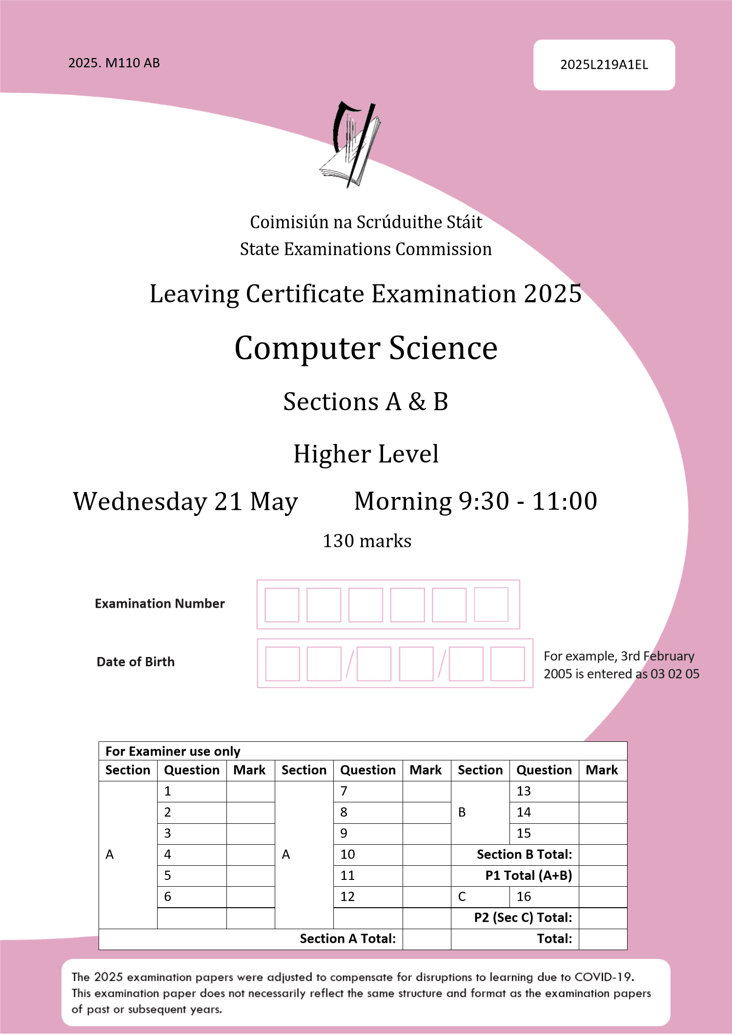 2025 Leaving Certificate Computer Science Higher Level paper first page