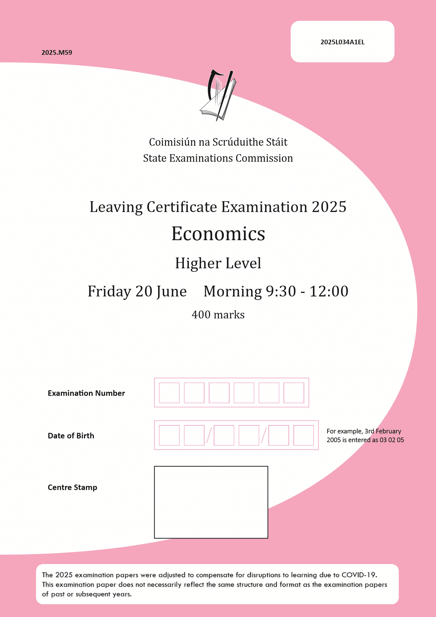 2025 Leaving Certificate Economics Higher Level paper first page