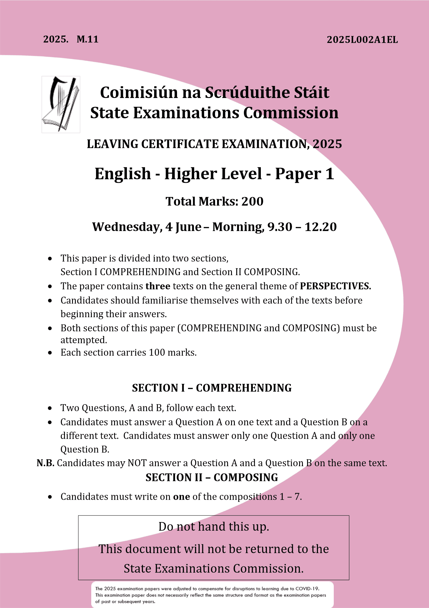 2025 Leaving Certificate English Higher Level Paper 1 first page