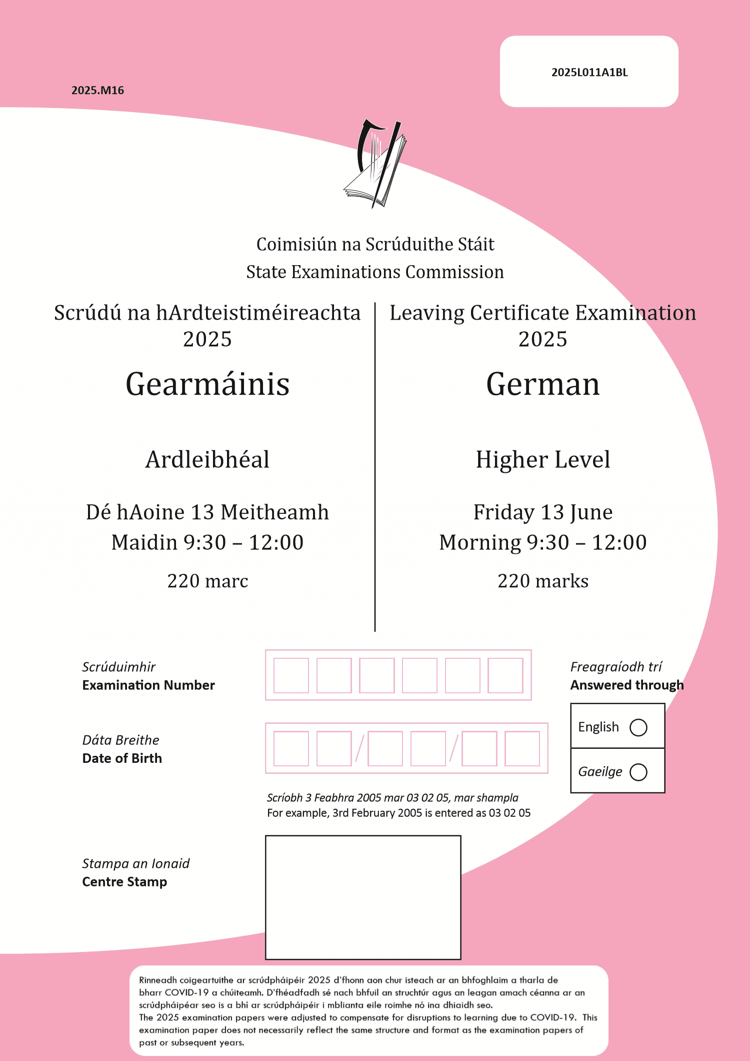 2025 Leaving Certificate German Higher Level paper first page