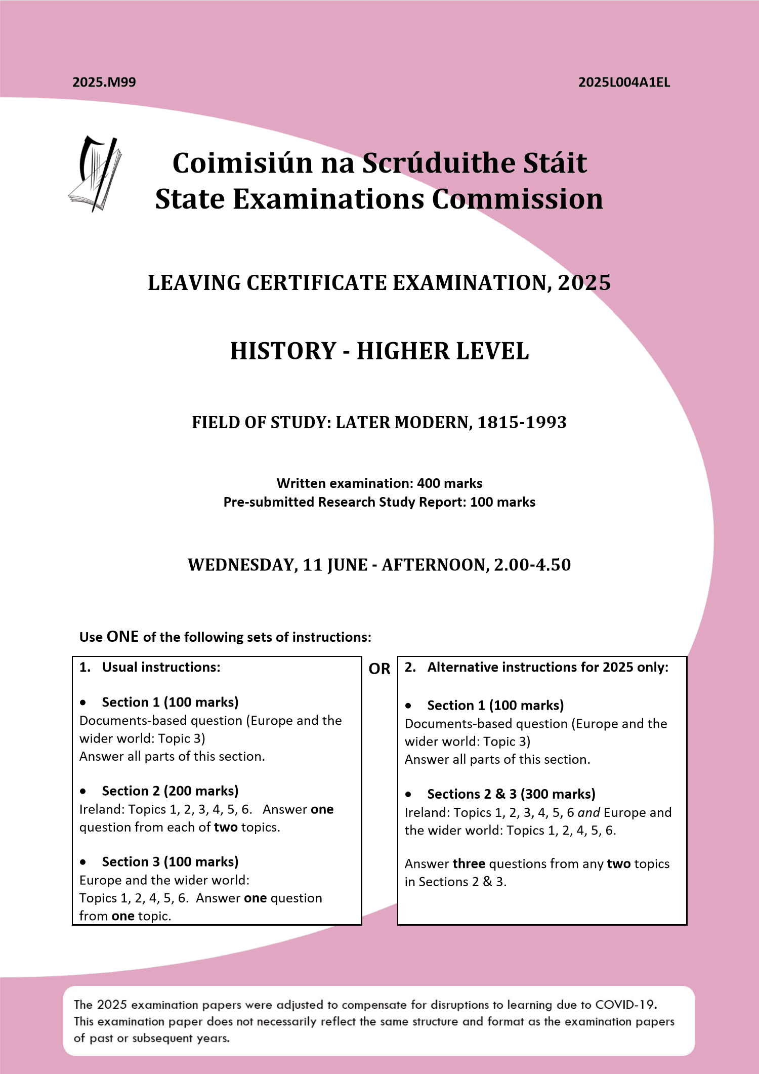 2025 Leaving Certificate History Higher Level paper first page
