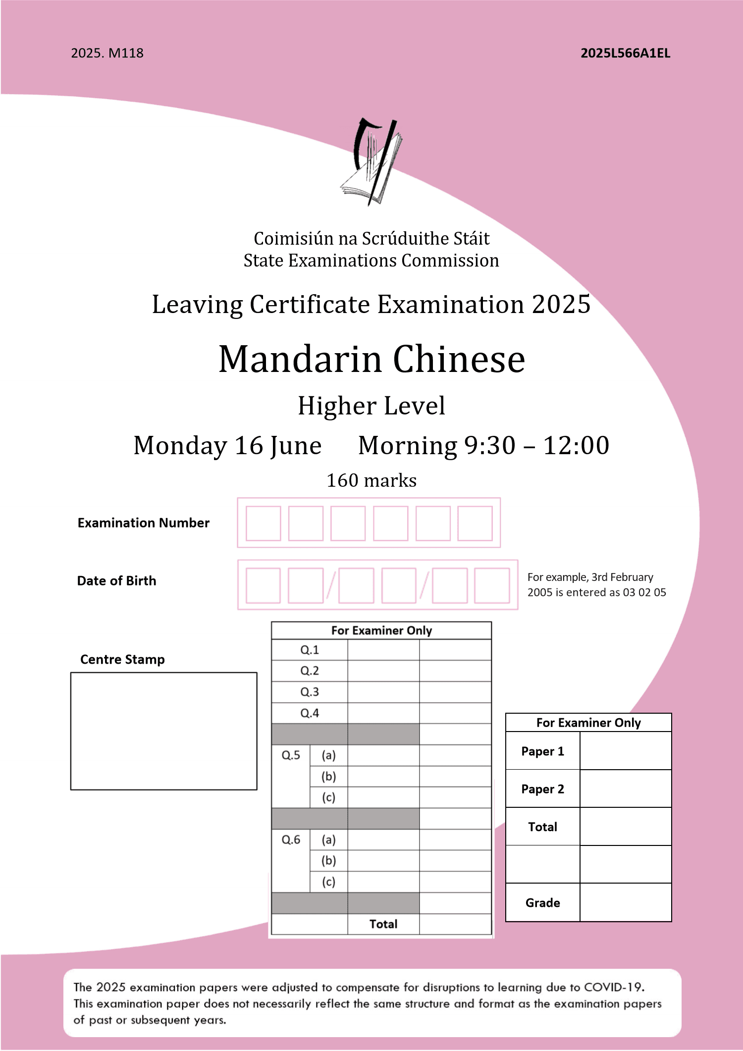 2025 Leaving Certificate Mandarin Chinese Higher Level paper first page