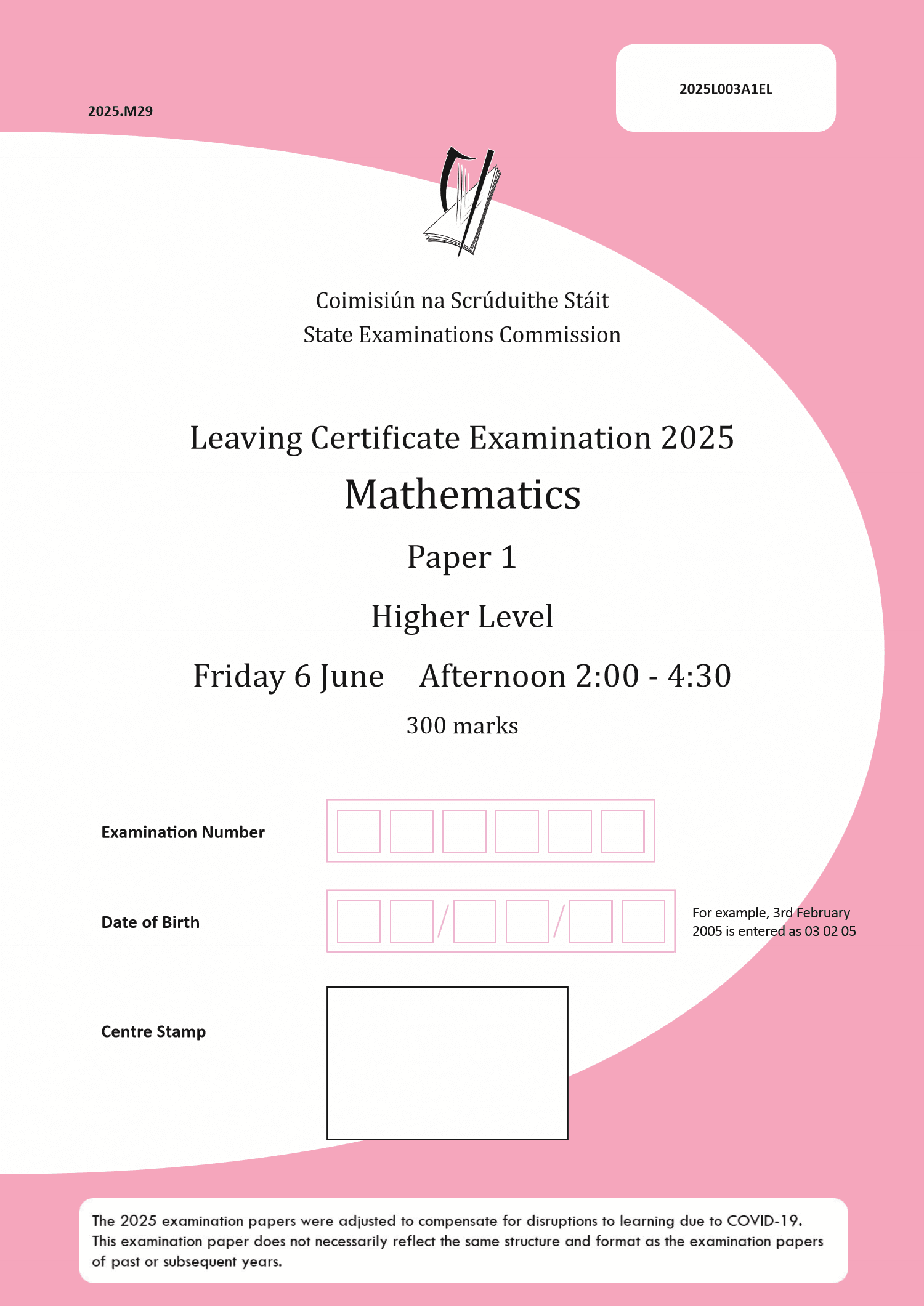 2025 Leaving Certificate Mathematics Higher Level Paper 1 first page
