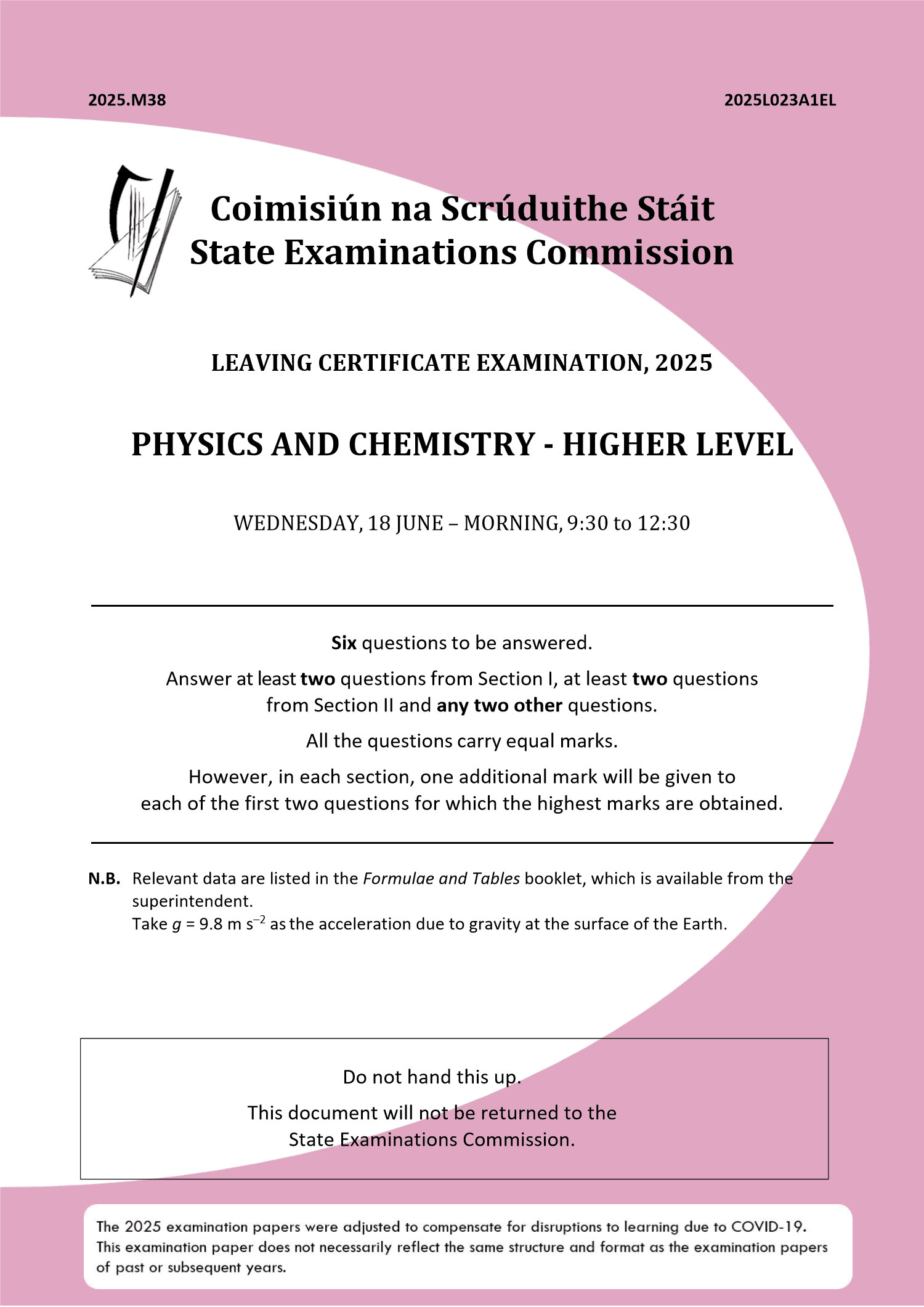 2025 Leaving Certificate Physics and Chemistry Higher Level paper first page
