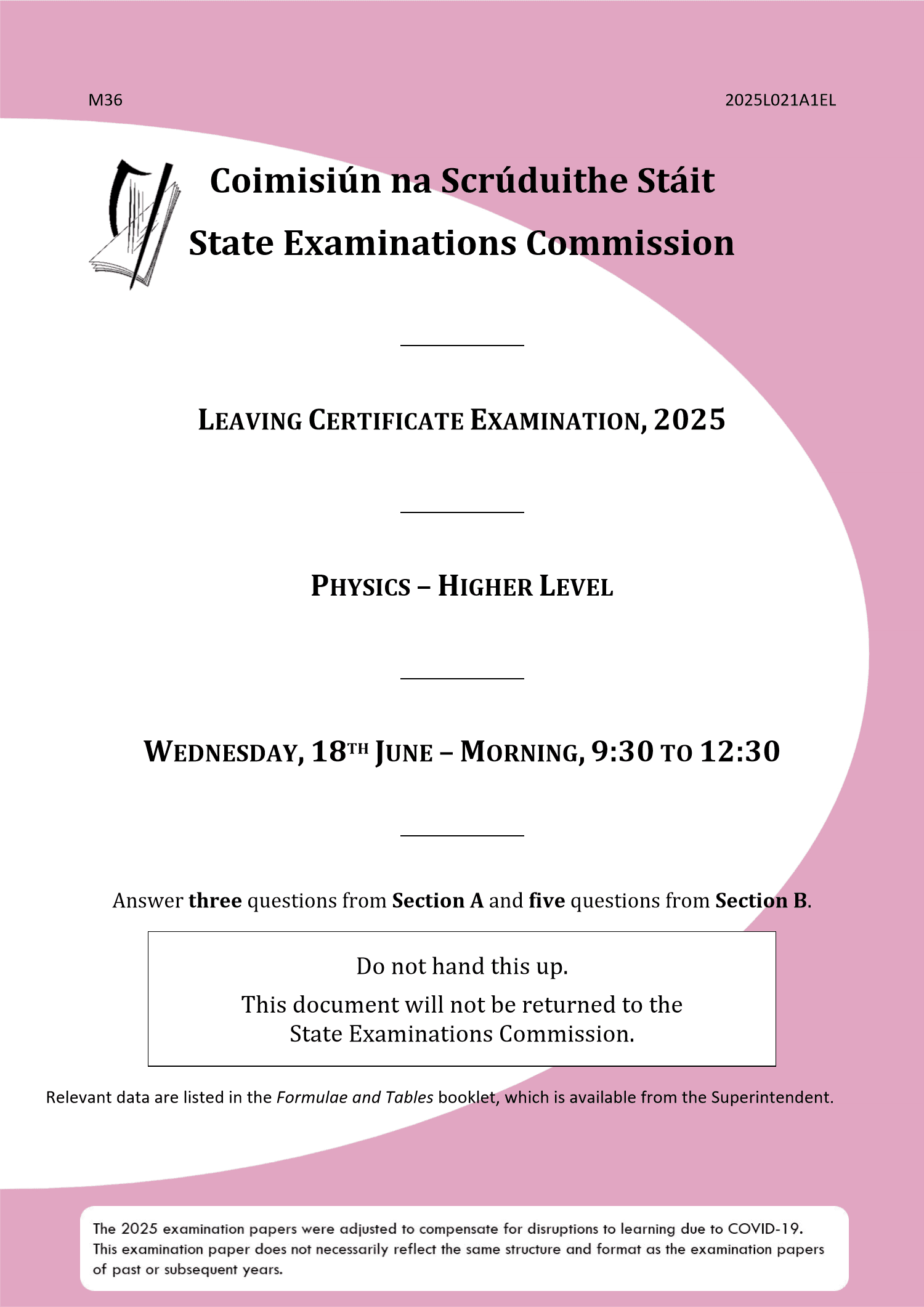 2025 Leaving Certificate Physics Higher Level paper first page